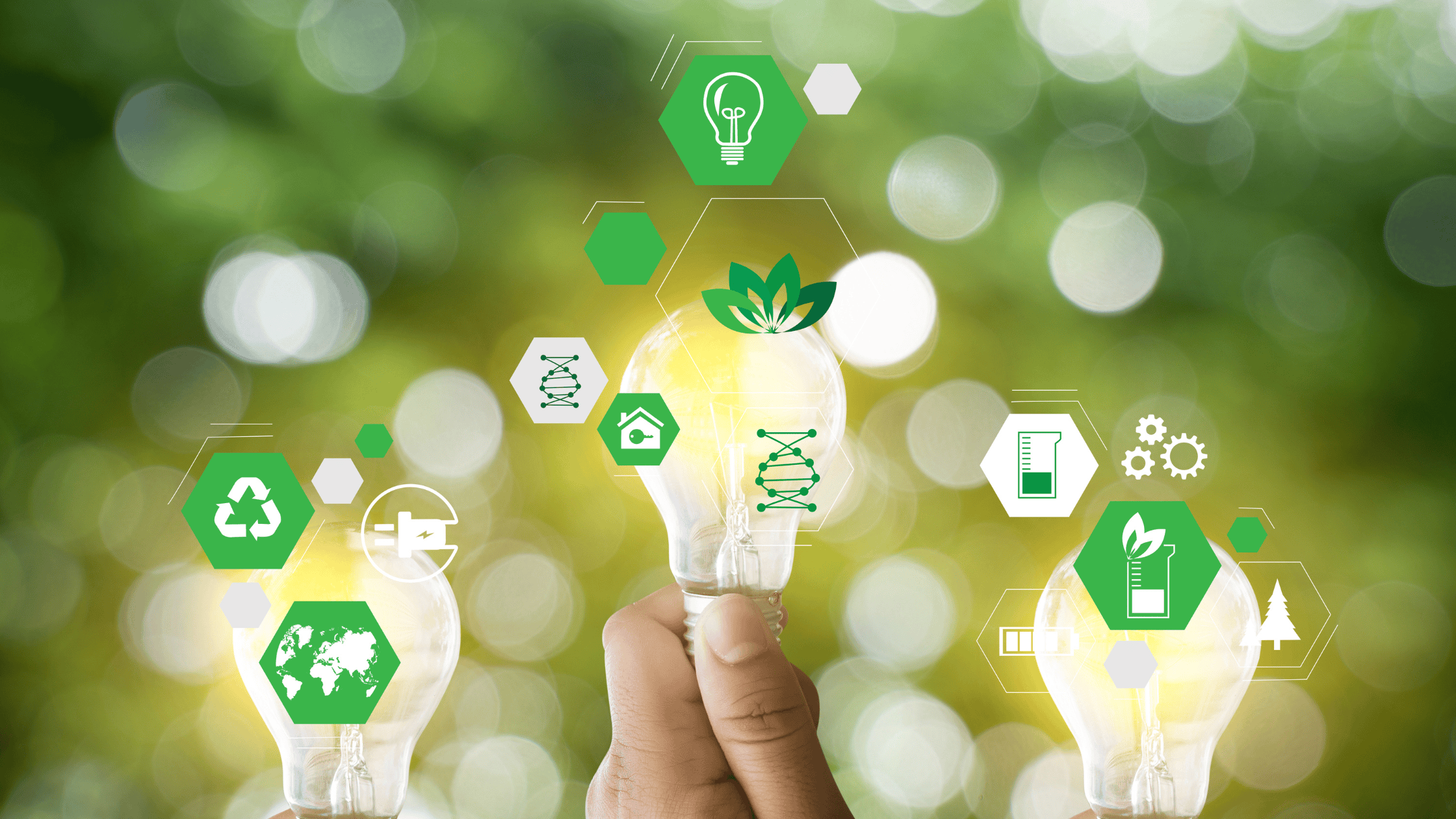 Sustainable Event Solutions & ESG Innovation Glowing lightbulbs surrounded by sustainability icons, symbolizing innovative ideas for eco-friendly events and ESG initiatives.
