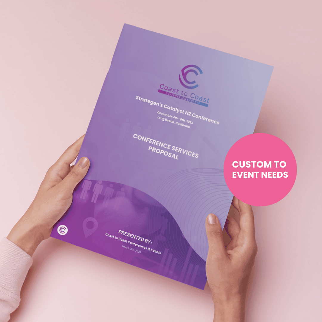 Client holding a CTC Event Services proposal with a bubble saying 'Custom to Your Event Needs,' highlighting tailored event solutions.